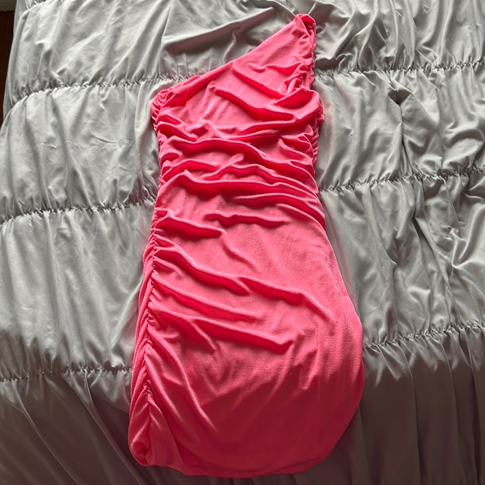 Scrunched one shoulder neon pink mini dress